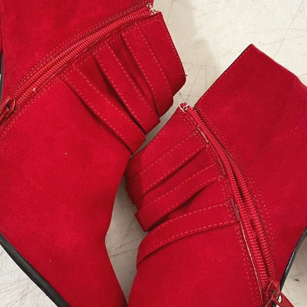 Red Faux Suede Western Ankle Boots Womens Size 10 Cowgirl Rodeo Boho Bootie Bold